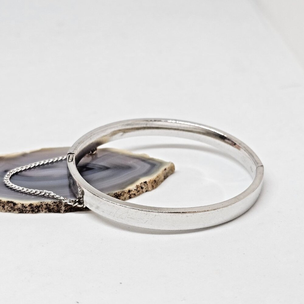 Vintage BA Ballou Sterling Silver Hinged Bracelet With Safety Chain Signed BAB